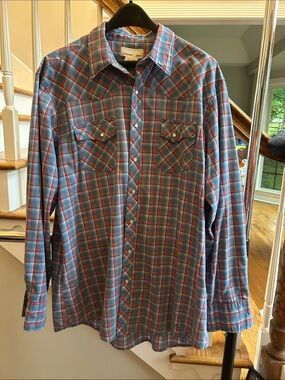Wrangler Men’s WRancher Blue and Red Plaid Pearl Snap Shirt XL Cowboy Rodeo